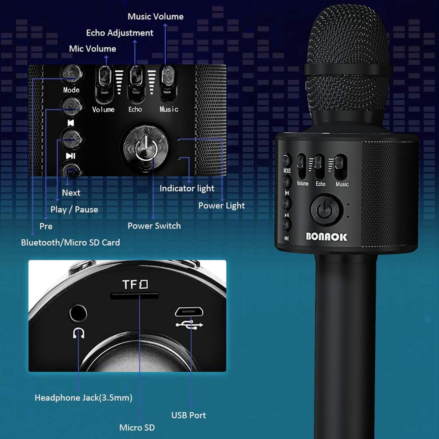 Wireless Bluetooth Karaoke Microphone,3-In-1 Portable Handheld Karaoke Mic Speaker Machine Home Party Birthday for All Smartphones Q37 (Black)