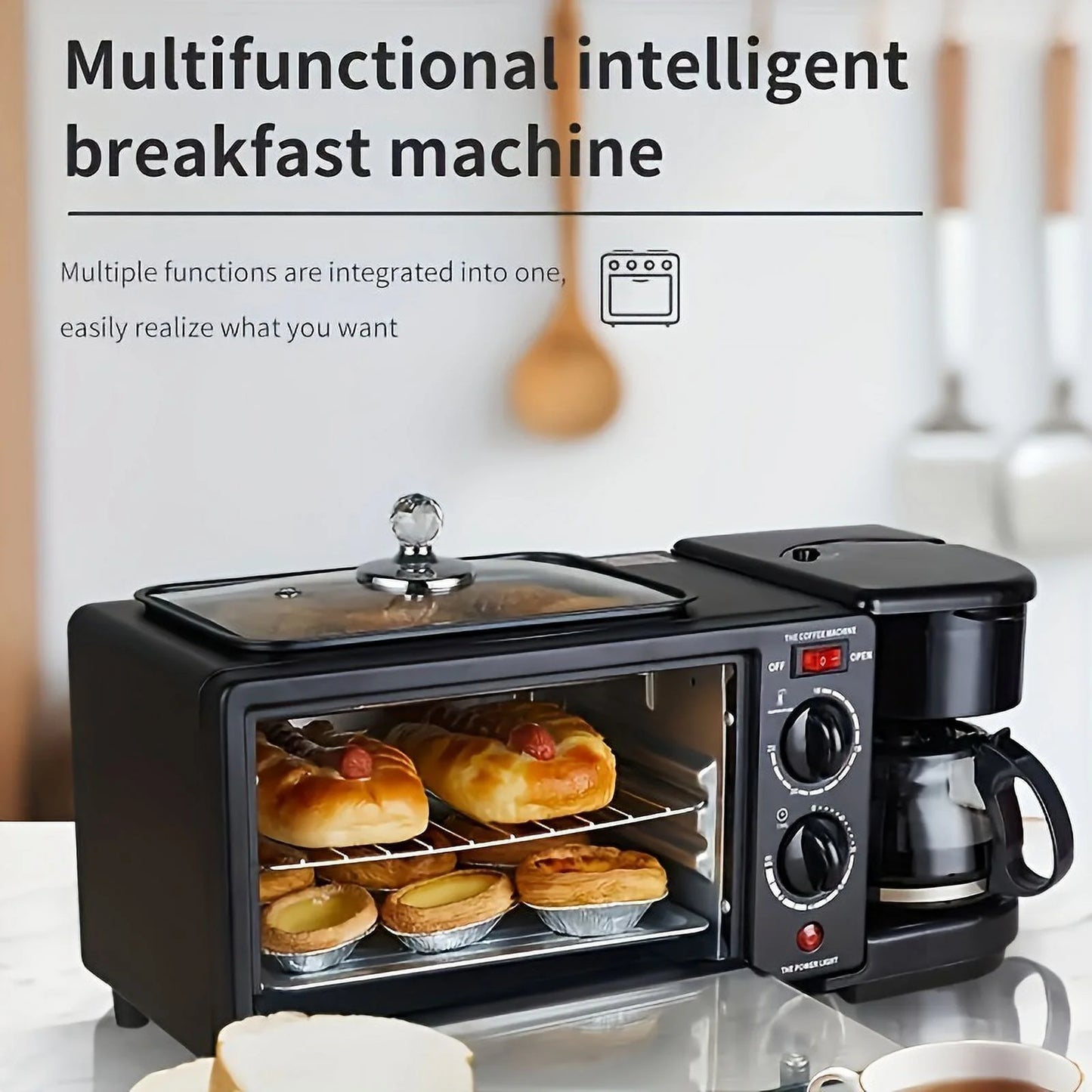 3-In-1 Breakfast Station - Coffee Maker, Non-Stick Griddle, and Toaster Electric Oven - Versatile Breakfast Maker Machine with Timer- Black
