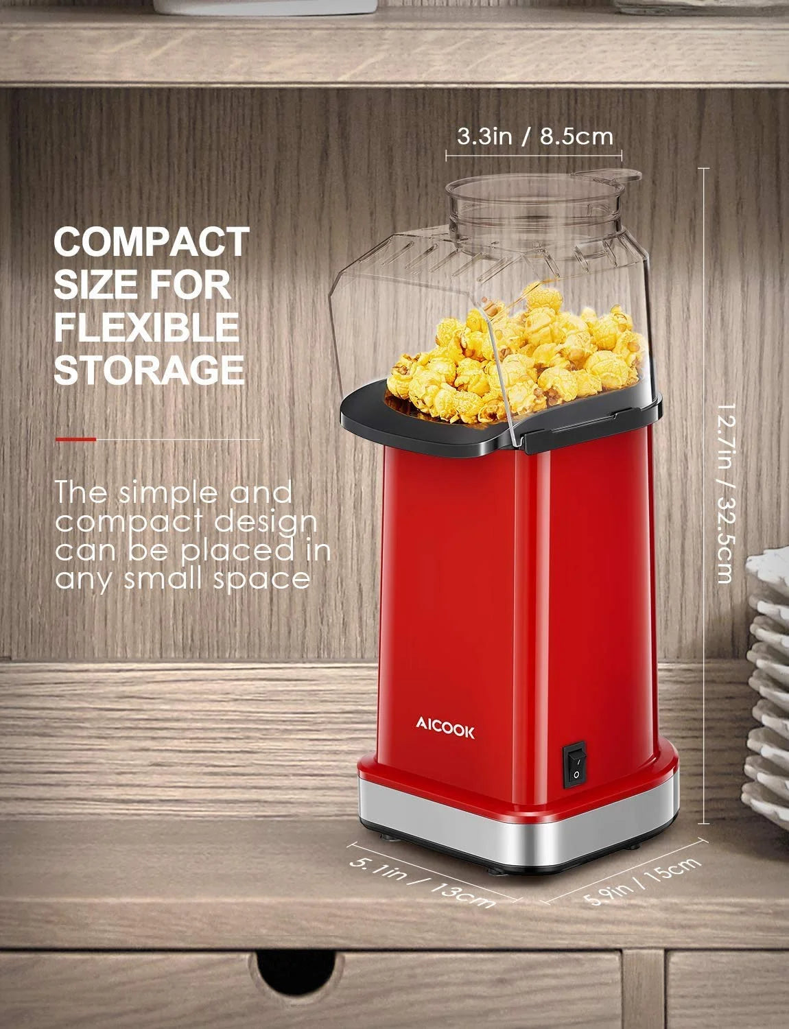 18Cups Hot Air Popcorn Popper Maker, 1400W, Oil-Free, with Measuring Cup, Red