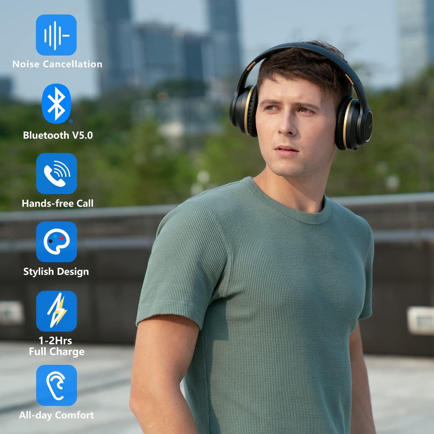 NC15 Noise Cancelling Headphones Bluetooth Over-Ear Headset with Mic for Teens, Adults Online Class/Home Office/Tv/Pc/Phone