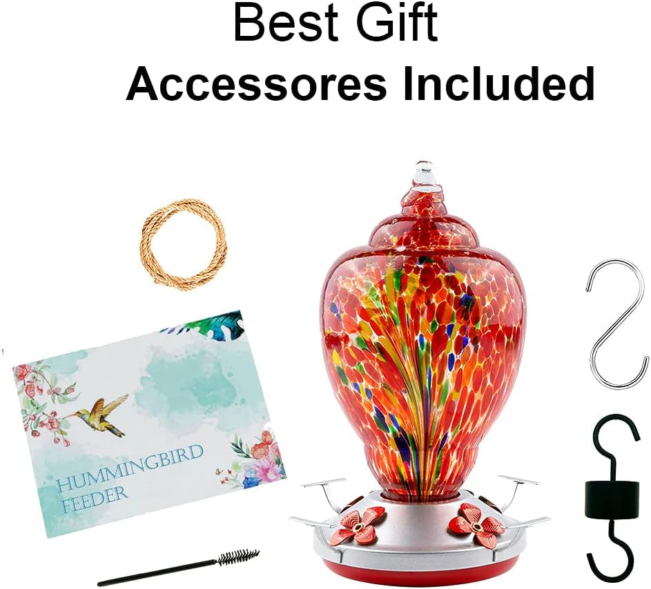 Hummingbird Feeder for Outdoors Patio Large 32 Ounces Colorful Hand Blown Glass Hummingbird Feeder with Ant Moat Hanging Hook, Rope, Brush and Service Card (Red-Firework)