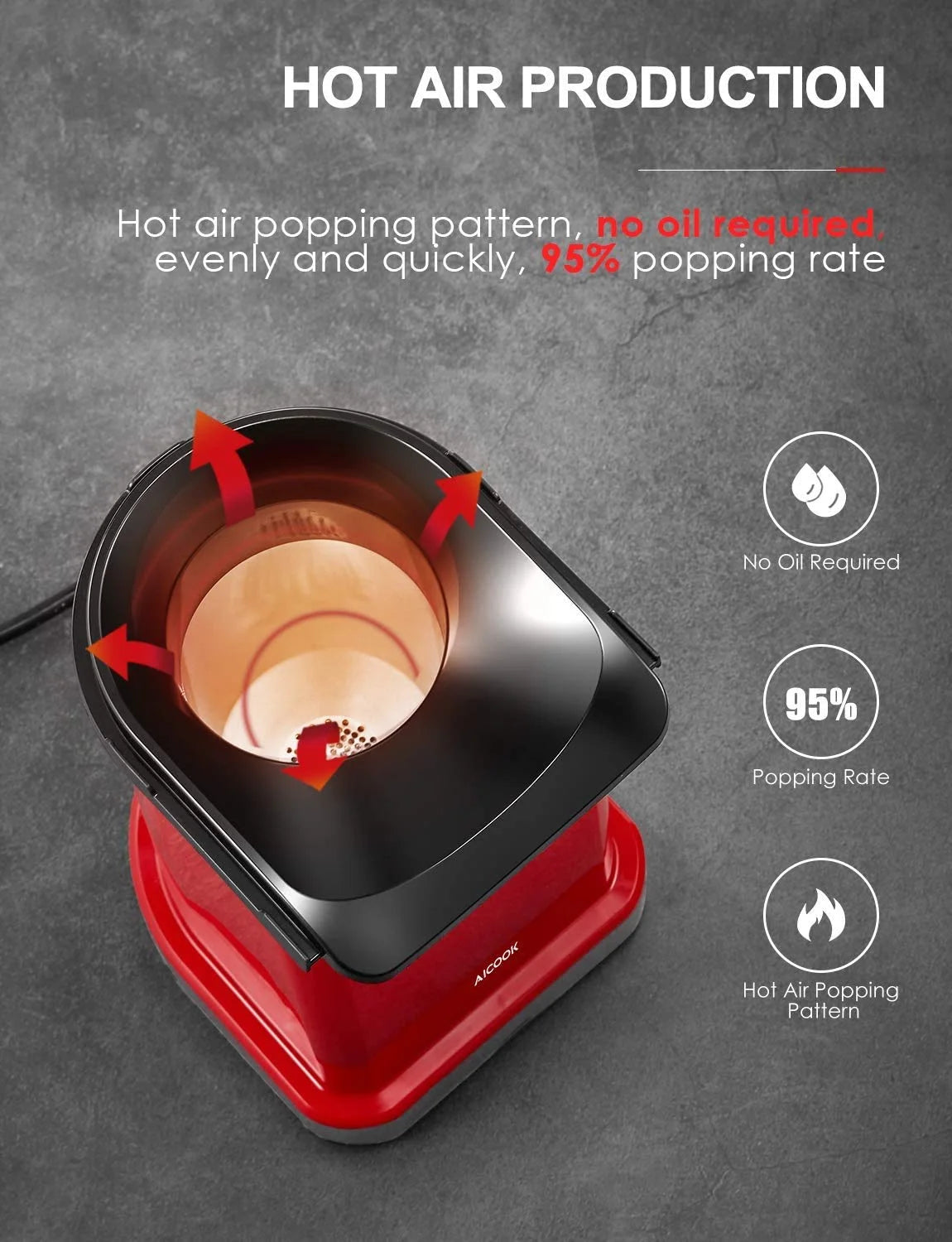 18Cups Hot Air Popcorn Popper Maker, 1400W, Oil-Free, with Measuring Cup, Red