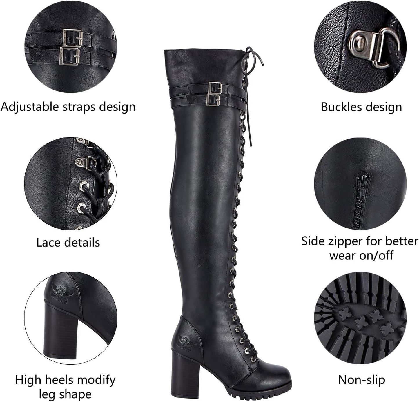 Ladies Knee High Laced Boots Sexy over the Knee Boots for Women Black Motorcycle Leather Boots with Calf Buckle