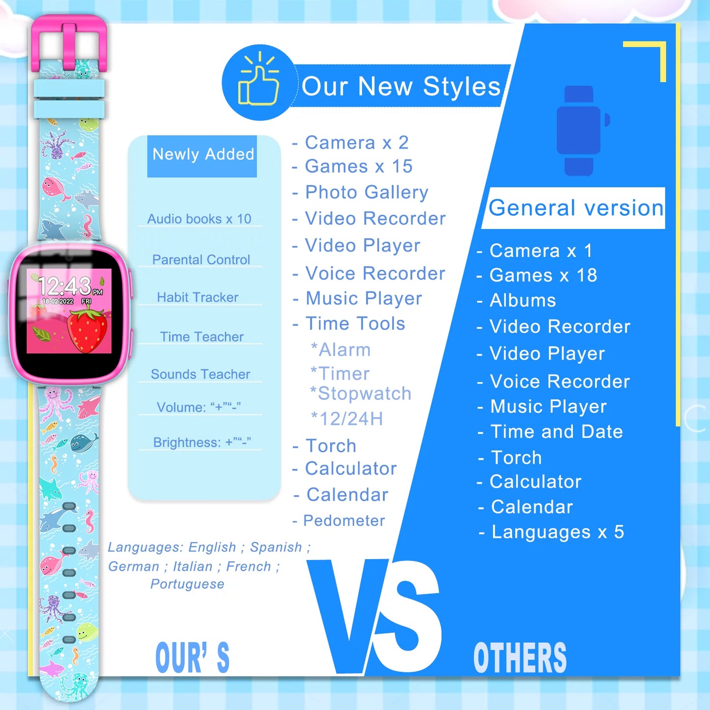 Kids Smart Watch for Girls Boys - Aquatic Creatures Style Wristwatch, 2023 New Version Upgrade Children Smartwatch, Blue