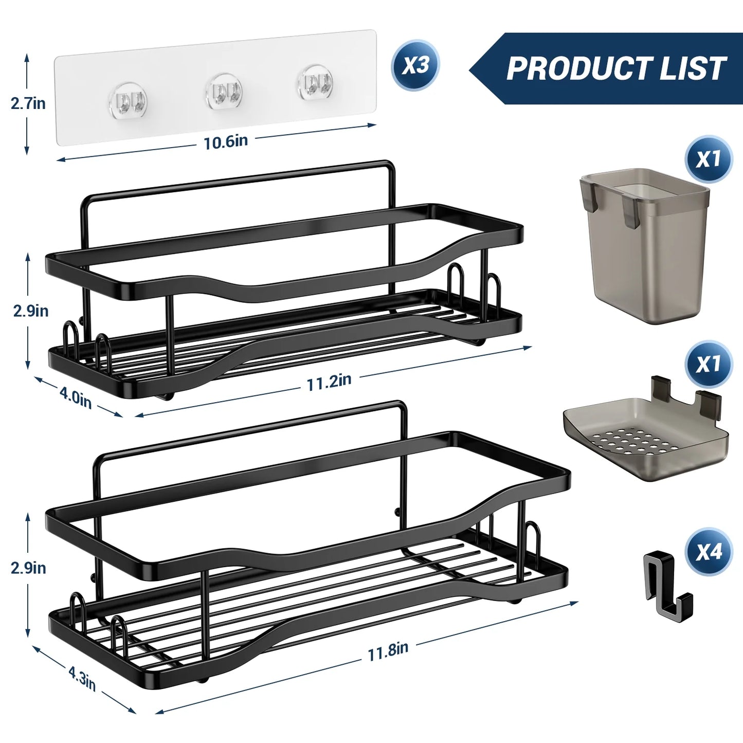 Bathroom Shower Caddy , 2 Pack Stainless Steel Adhesive Shelves with Hooks, Toothpaste & Soap Holder, No Drilling Rustproof Bathroom Shower Organizer for Shower Storage Black