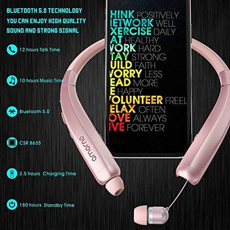 Foldable Bluetooth Headphones, Wireless Neckband Sports Headset with Retractable Earbuds, Sweatproof Noise Cancelling Stereo Earphones with Mic & Carrying Case (Gold)