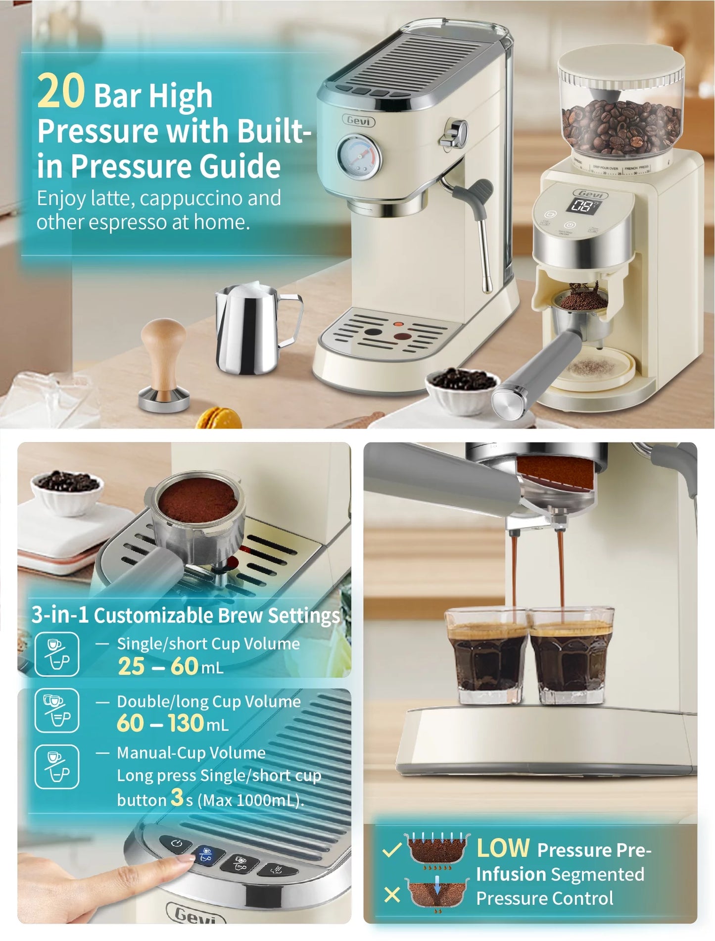 20 Bar Professional Espresso Machine with 35 Precise Grind Settings Burr Coffee Grinder
