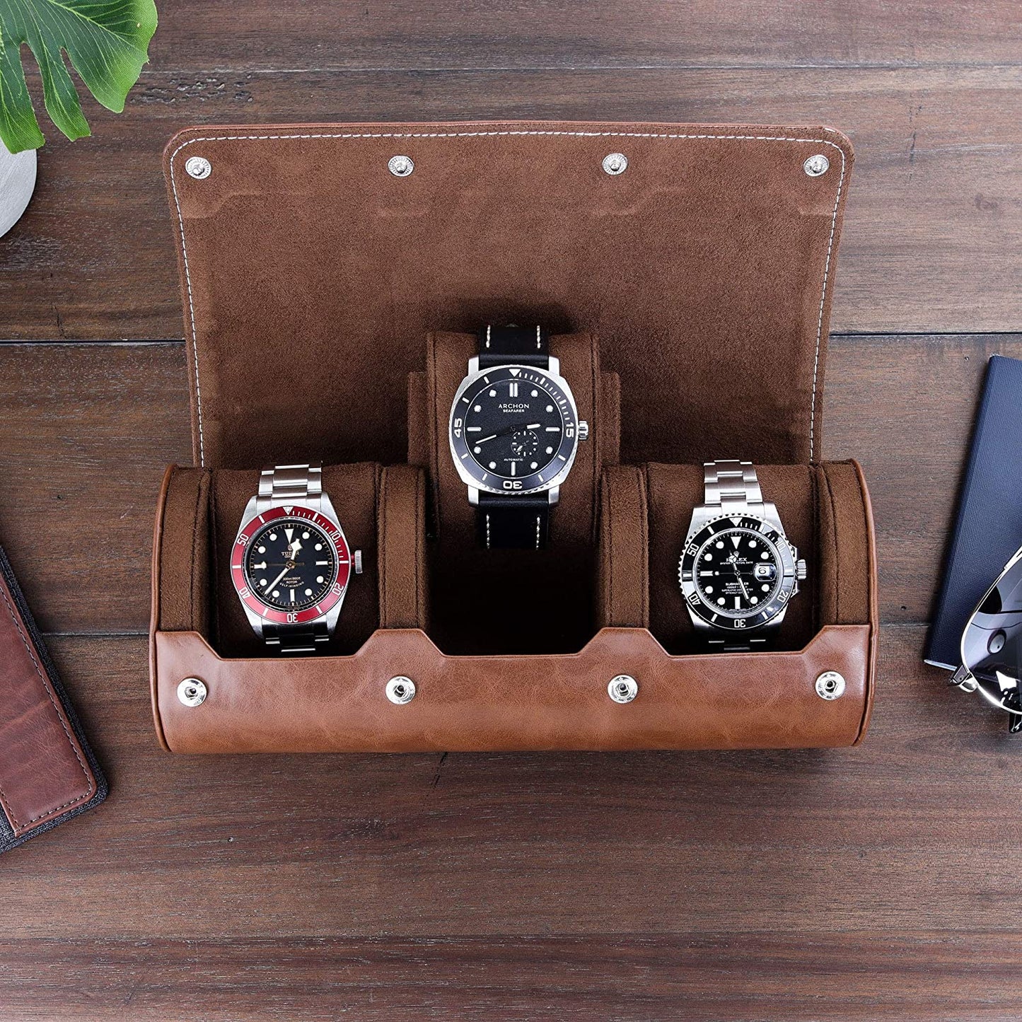 Watch Roll Travel Case for 3 Watches | Tough Portable Protection, Fits All Wrist Watches & Smart Watches up to 50Mm (Tan/Brown)