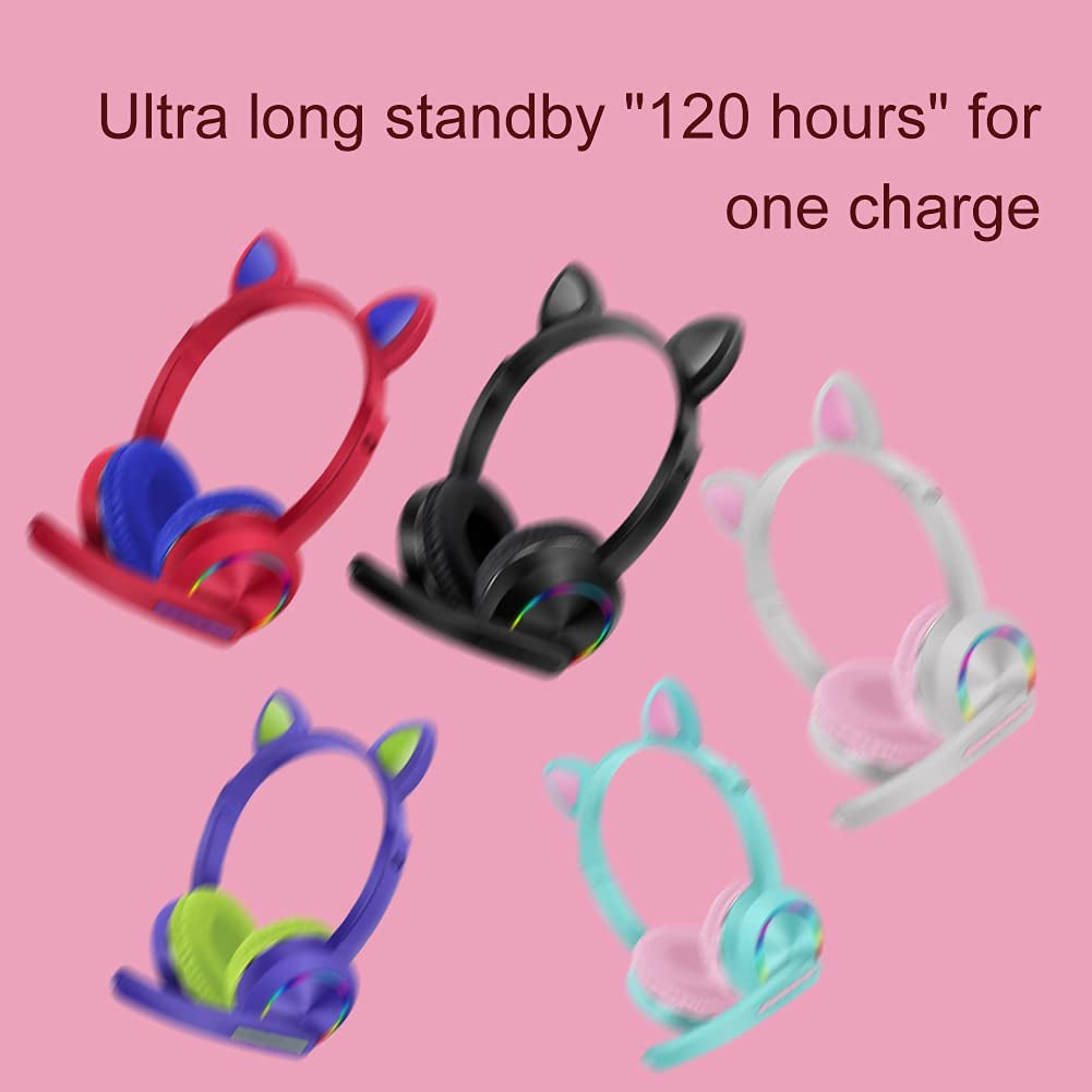 Bluetooth Headphones, Over-Ear Wireless Headphones, Cat Ear Headphones with LED Light, Built-In Microphone Cute Comfortable Gift for Computer(Purple)