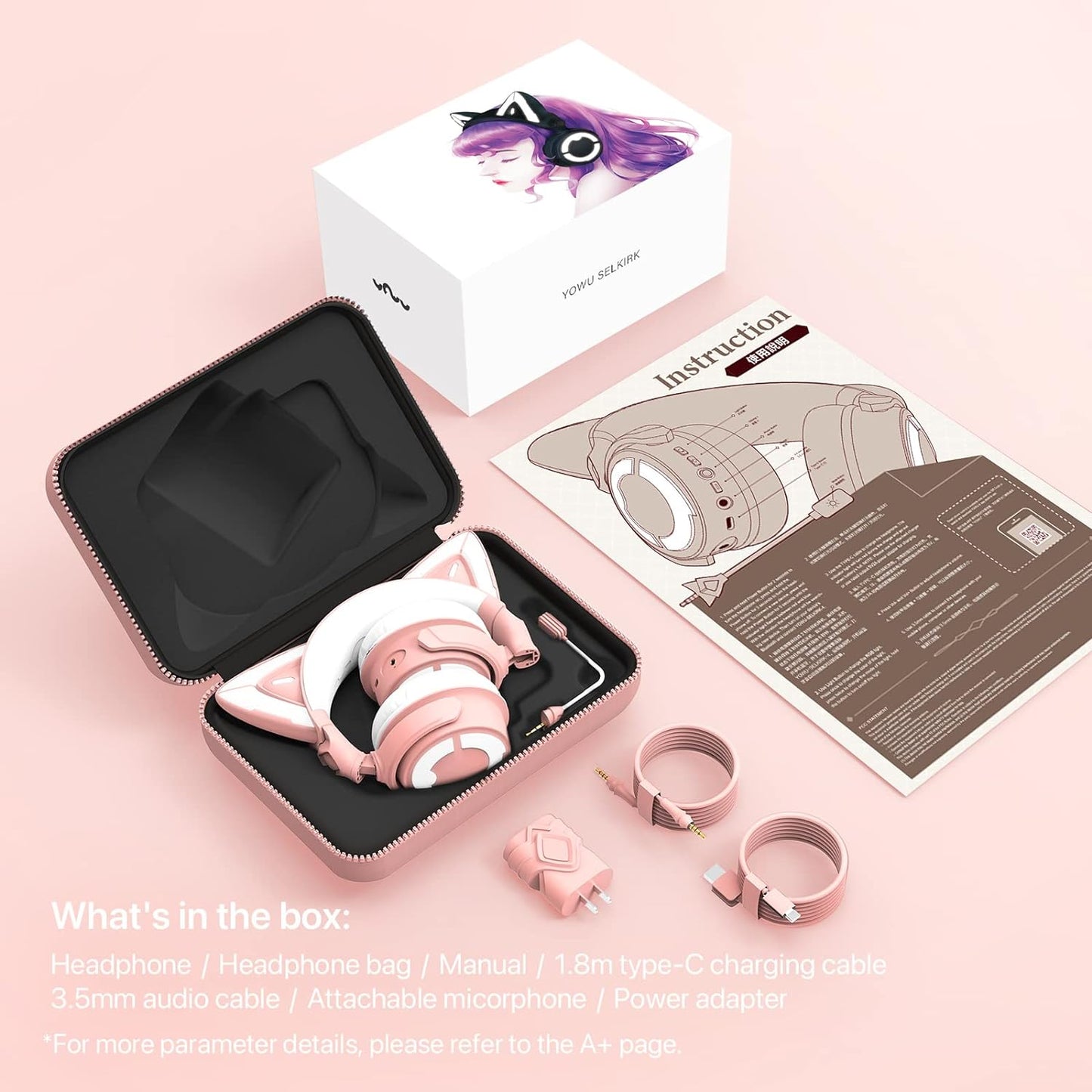 RGB Cat Ear Headphone 4, Upgraded Wireless & Wired Gaming Headset with Attachable HD Microphone -Active Noise Reduction, Dual-Channel Stereo & Customizable Lighting and Effect via APP (Pink)