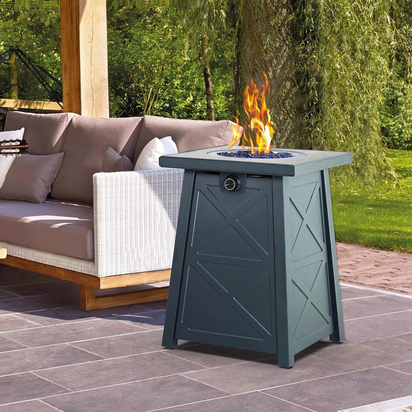 19.5-Inch Propane Fire Pit, Porcelain Tile Top Gas Fire Pit Table, 40,000 BTU Propane Gas Firebowl Column Modern Pattern W/Glass Rocks, Cover, Lid, No Wind Guard