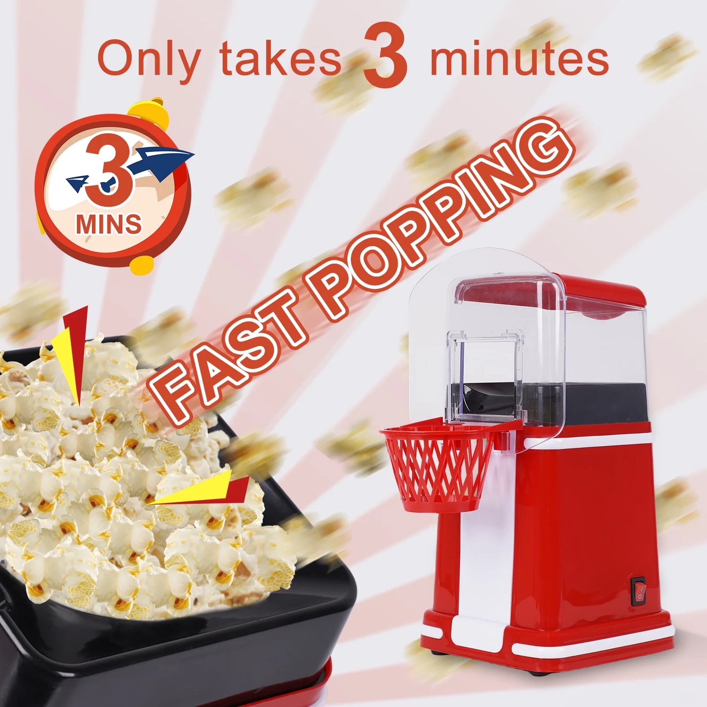 Hot Air Popcorn Popper, Retro Popcorn Maker, 1200W Electric Popcorn Machine, Oil Free, 3.3Lb for Home Party Kids, New, Red