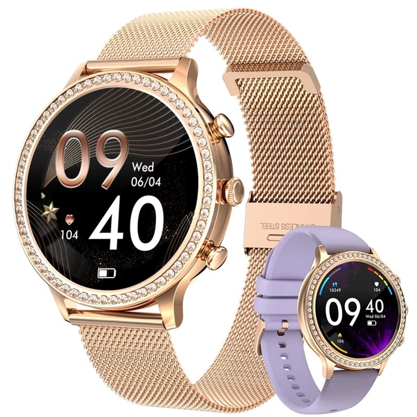 Women Purple Smart Watches for Android Iphone Bluetooth Call Custom Dials Stainless Strip