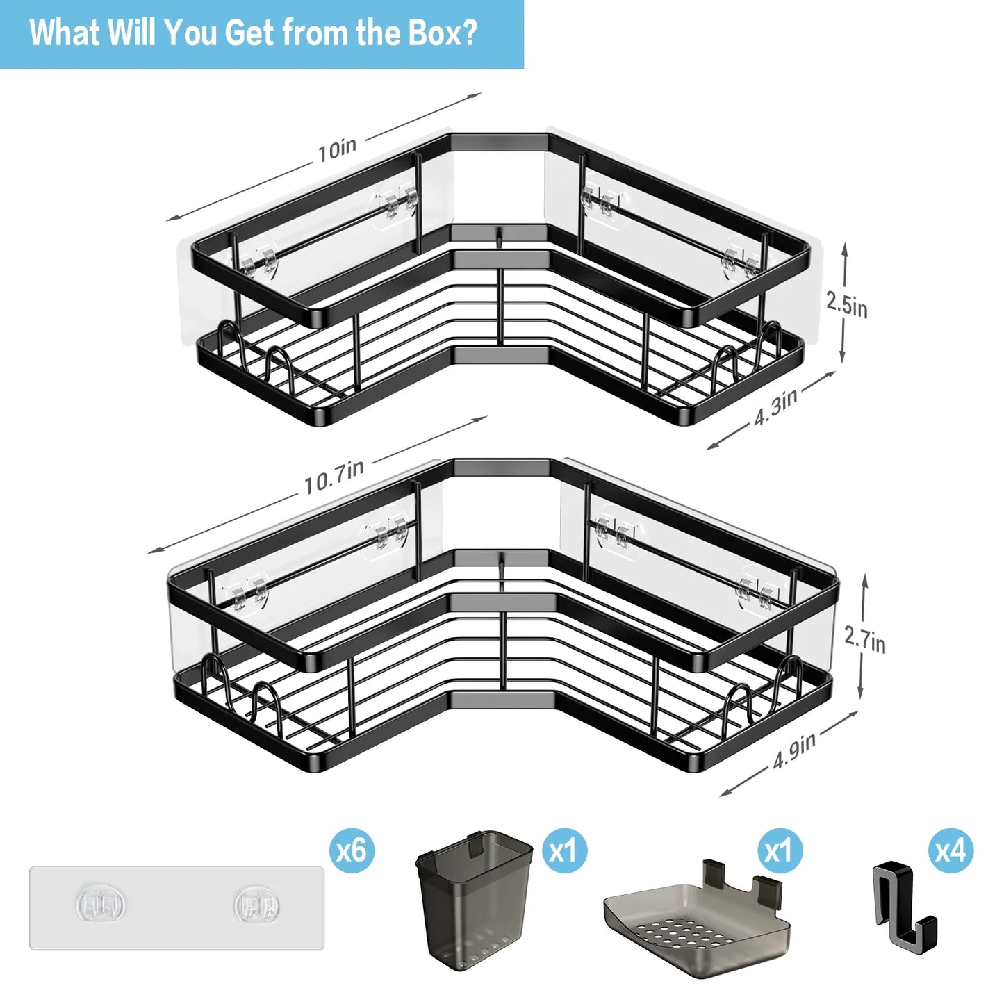 Corner Shower Caddy, 2 Pack Adhesive Shower Corner Organizer Shelves, Stainless Steel Shower Storage Rack with Hooks, Toothpaste&Soap Holder, No Drilling for Bathroom, Dorm and Kitchen-Black