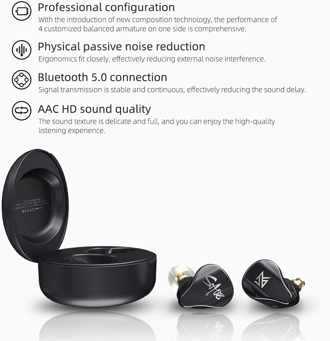 SA08 TWS True Wireless Bluetooth V5.0 Earphones 8BA Units Earbuds Touch Control Noise Cancelling Sport Headphone Gifts for Fathers, Mothers, Friends (Black)