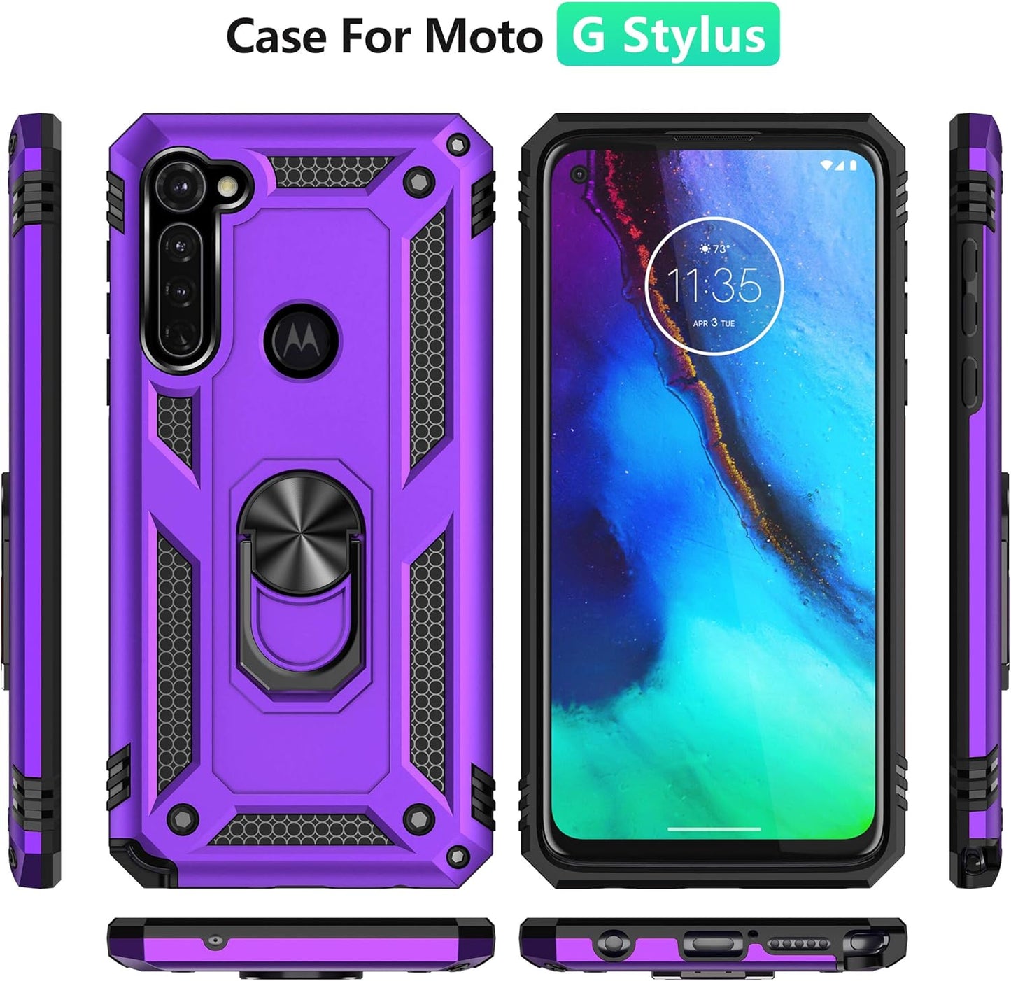 Moto G Stylus (2020) Case, Moto G Pro (2020) Case, with Tempered Glass Screen Protectors, Ring Kickstand Car Mount Shockproof Cover Case for Motorola Moto G Stylus/Pro, Purple