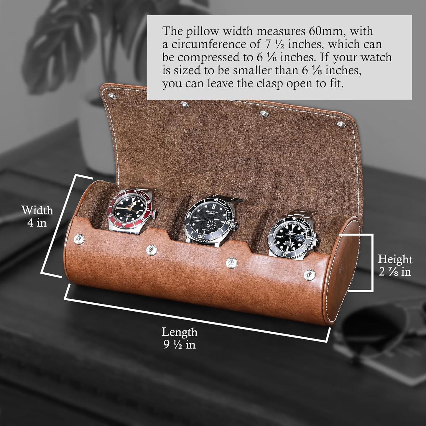 Watch Roll Travel Case for 3 Watches | Tough Portable Protection, Fits All Wrist Watches & Smart Watches up to 50Mm (Tan/Brown)