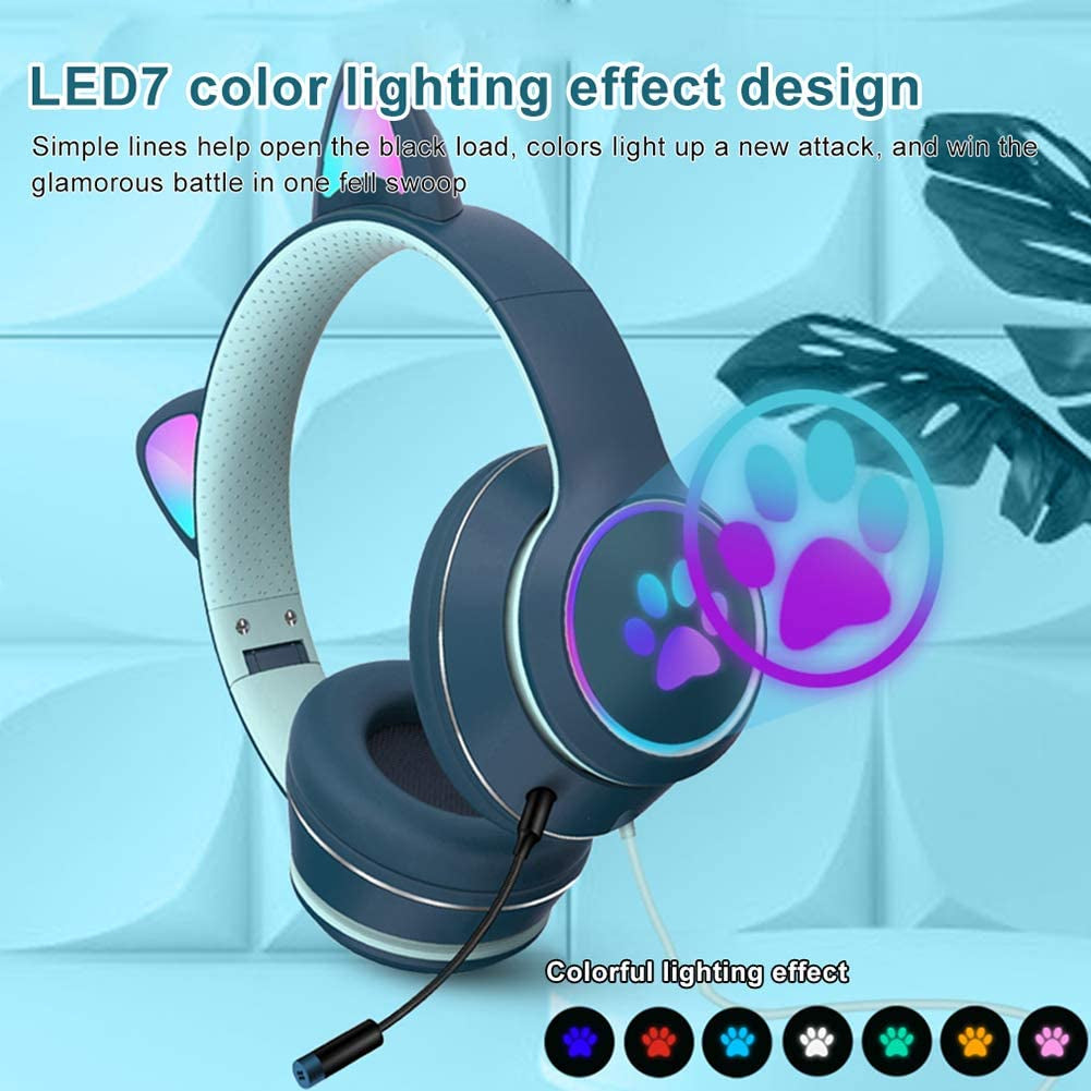 Ear Headphones, Cat Ear LED Light up Foldable Headphones Hifi 3.5MM Noise Reduction Headphones Computer Gaming Headset Cat Ear Headphone with Microphone and Volume Control