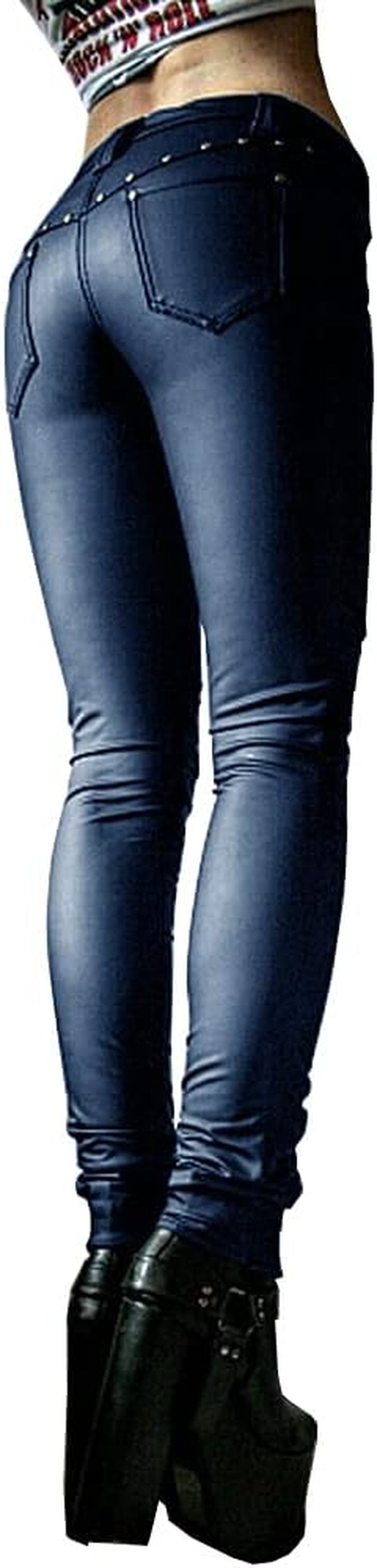 Women'S Faux Leather Leggings Gothic Punk Skinny PU Leather Pants Mid Rise Novelty Studded Tight Pants