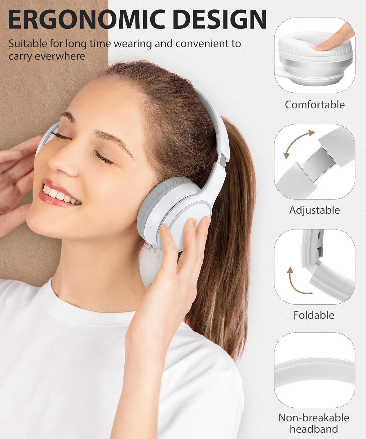 E9 over Ear Bluetooth Headphones for Kids Children Boy Girl Adult, Stereo Foldable Wired/Wireless Headphones with Microphone for School Travel Tablet PC TV, Include Case, White Grey