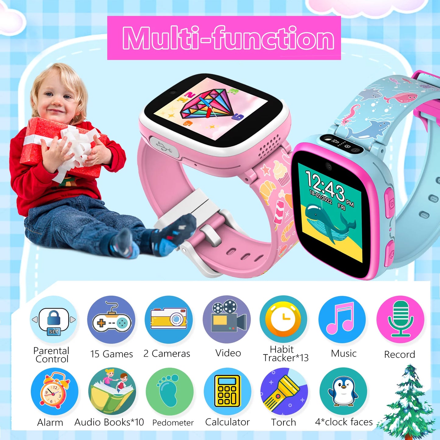 Kids Smart Watch for Girls Boys - Aquatic Creatures Style Wristwatch, 2023 New Version Upgrade Children Smartwatch, Blue