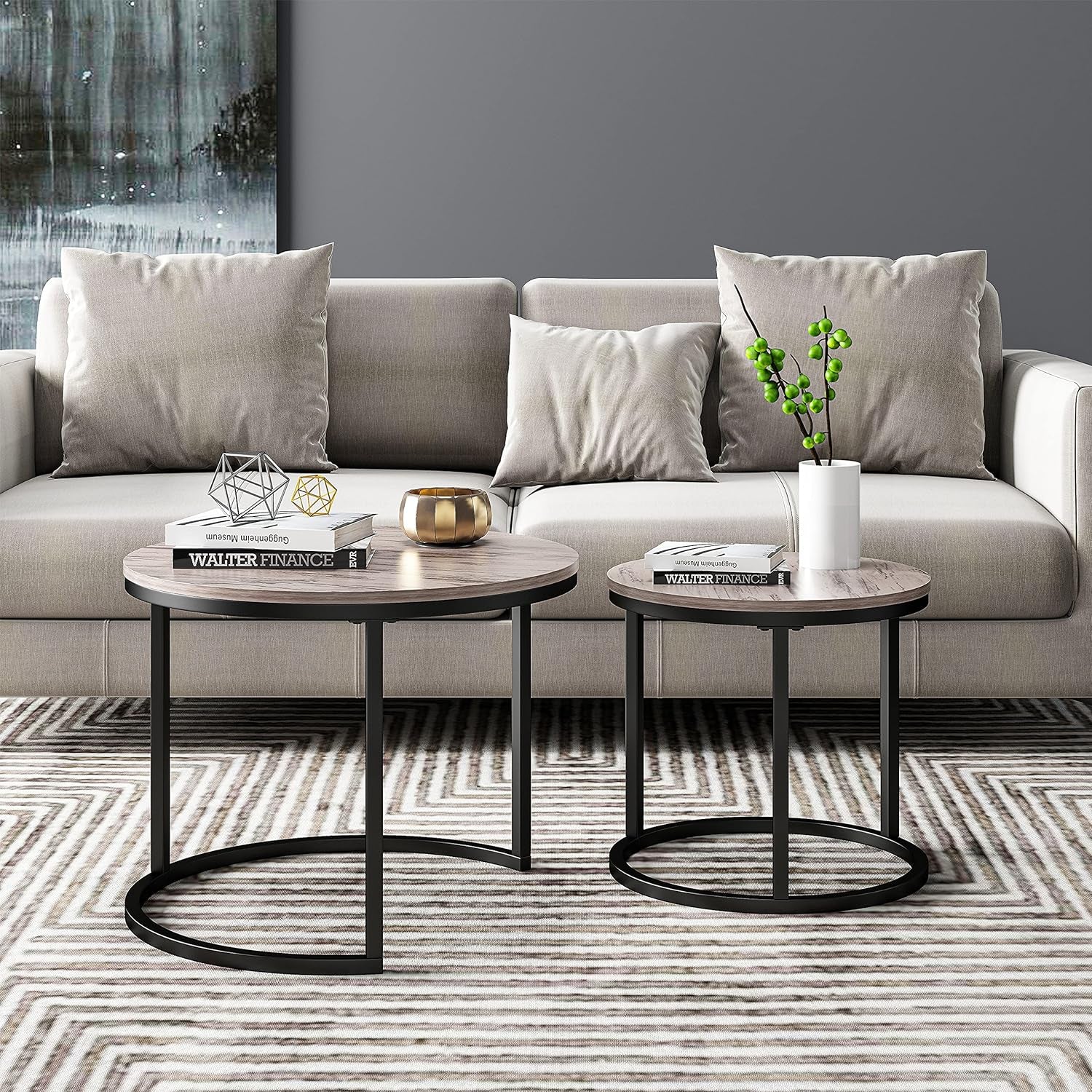 Modern Nesting Coffee Table Set of 2 for Living Room, Balcony, Garden, round Table with Wood Side, Sturdy Metal Frame, Easy Assemble,Antique Grey