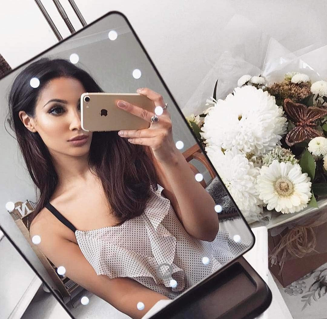 Vanity Makeup Mirror with Lights Bluetooth, Lighted Mirror with 20 Leds, Touch Screen Wireless Audio Speaker, Detachable 10X Magnification, Rechargeable Power