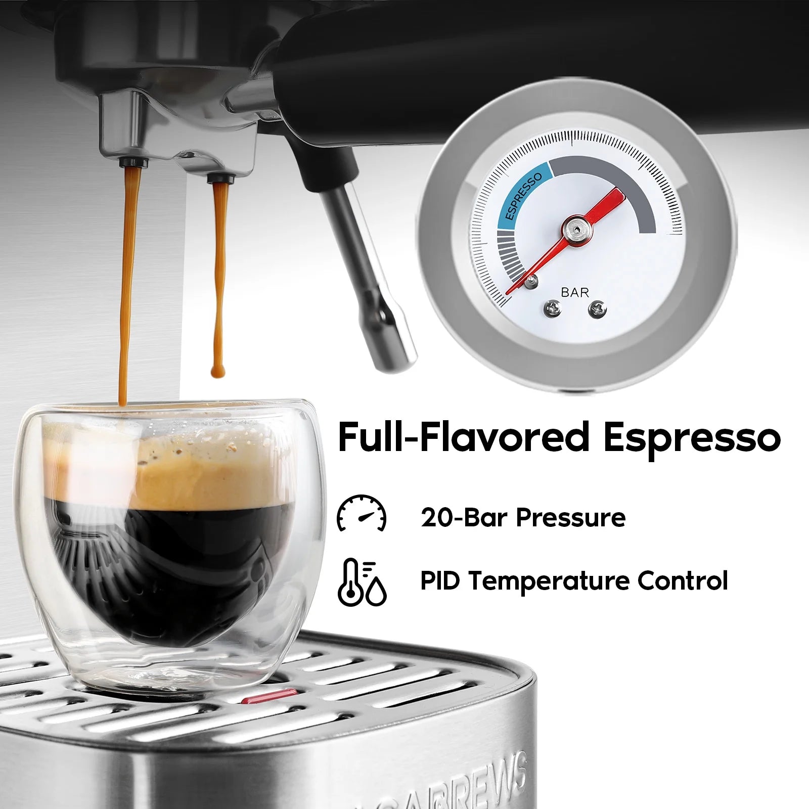 20 Bar Espresso Machine with Milk Frother Steam Wand, Professional Latte Coffee Machine, Stainless Steel, Silver