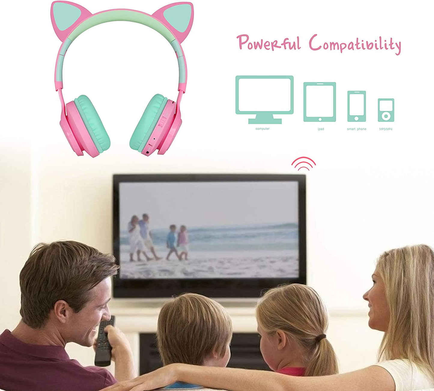 CT-7 Cat Ear Bluetooth Headphones - Fun LED Light-Up Wireless Over-Ear Headphones with Microphone and Volume Control for Kids, Perfect for Travel, School, and Gaming
