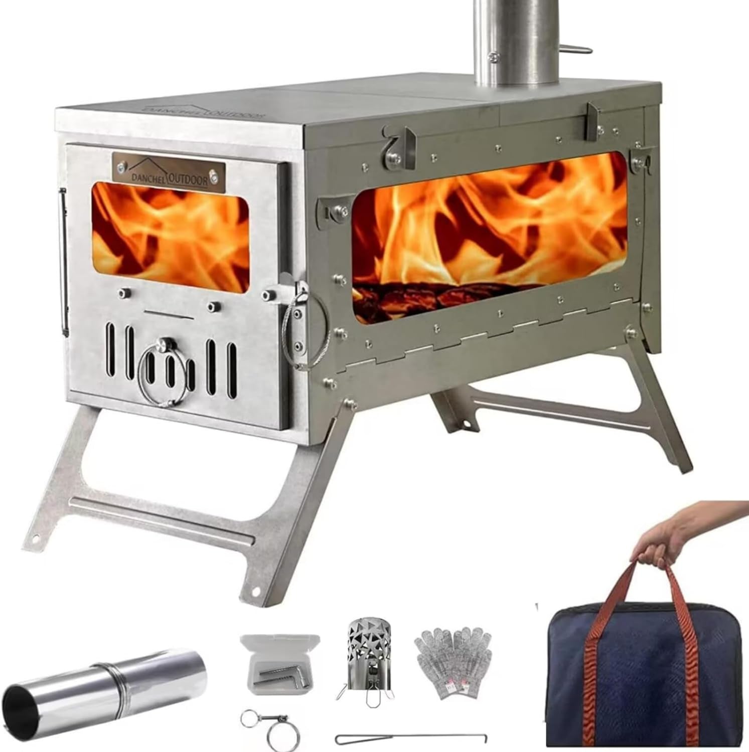 TSG Folding 100% Titanium Hot Tent Stove TA1 with Side Glass, 7.2Ft Chimney, 6.63Lb