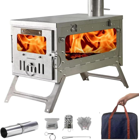 TSG Folding 100% Titanium Hot Tent Stove TA1 with Side Glass, 7.2Ft Chimney, 6.63Lb