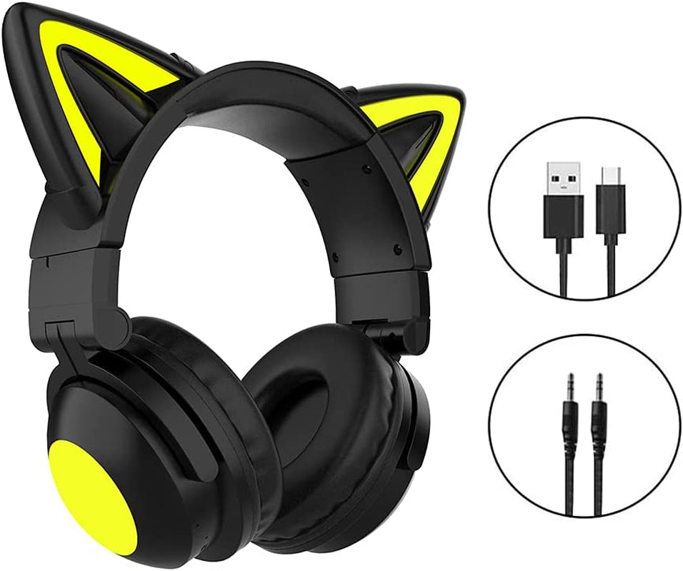 Cat Ear Wireless Headphones with Microphone, with LED Light up over Ear Headphones Adjustable Volume and Foldable Headset for Tablet PC Cell Phones(Black)