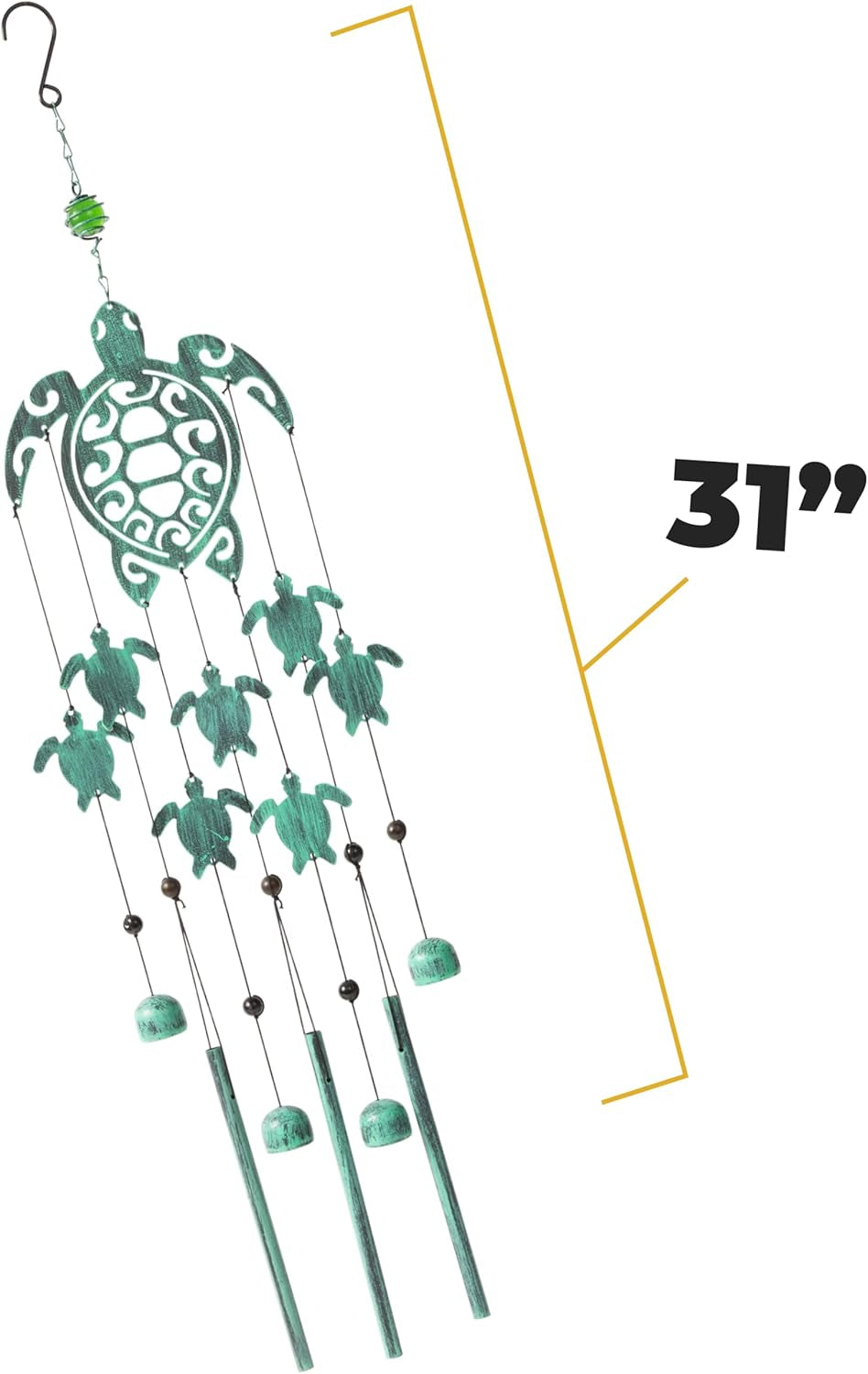 Enchanting 31" Rustic Sea Green Tribal Turtles Wind Chimes - Unique Outdoor Decor for Gardens, Perfect Gift for Women and Moms