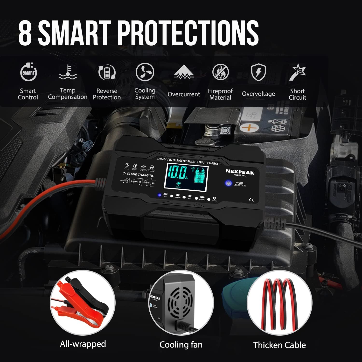 Smart 12V/24V Battery Charger for Cars, Boats, and More - Quick, Safe, and Efficient Charging