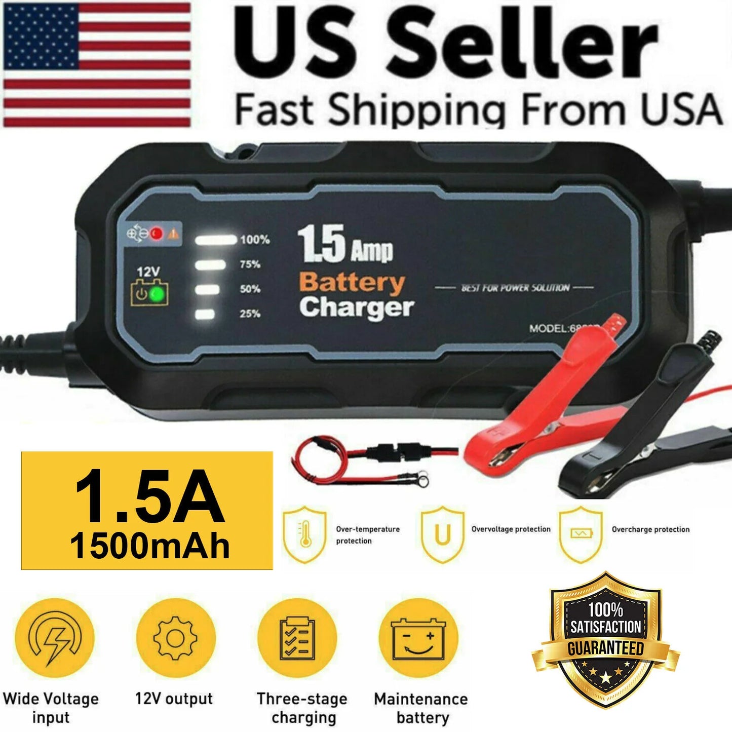 1500mAh Smart Automatic Battery Charger - Portable 12V Car Trickle Maintainer for Optimal Battery Care