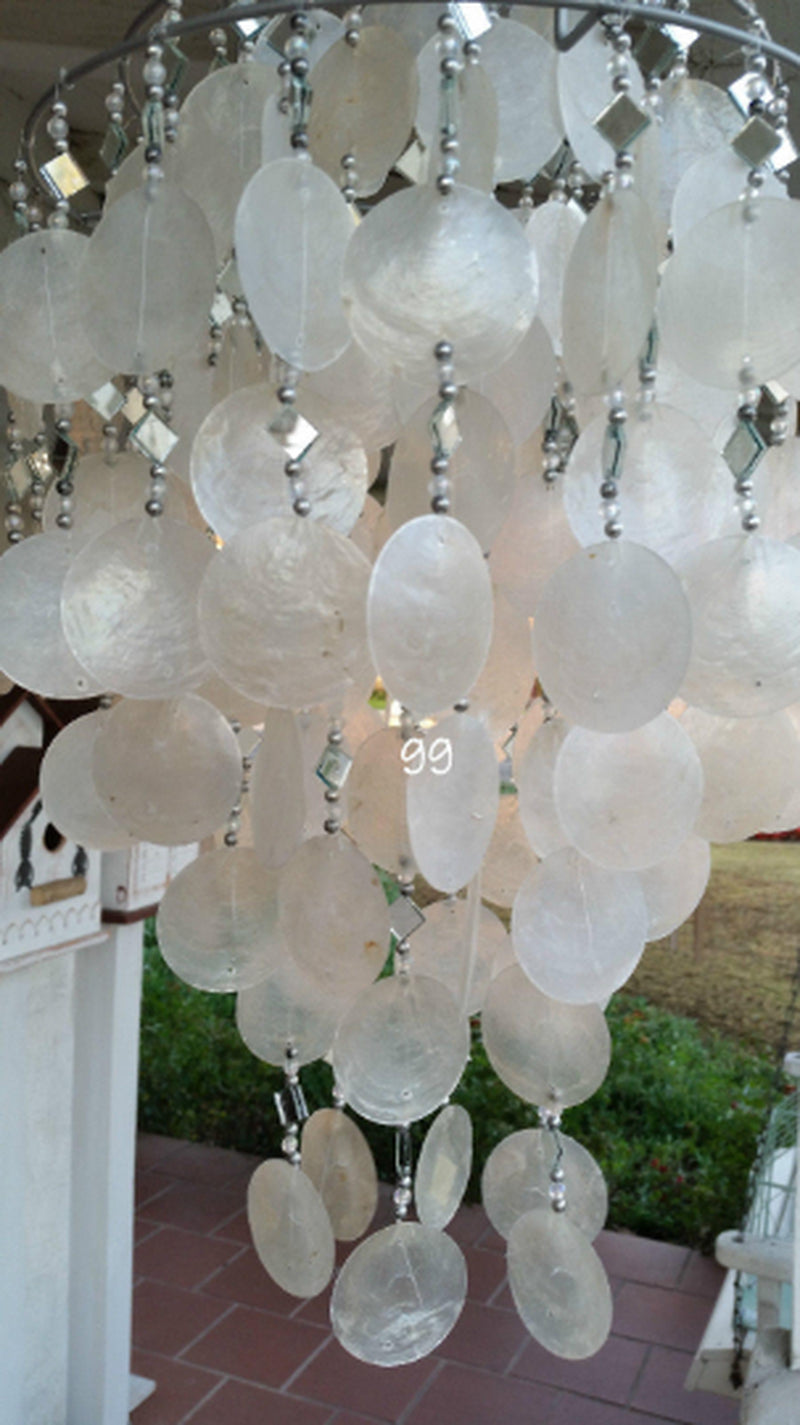 Elegant White Solar Capiz Shell Wind Chimes - Handcrafted 4-Tier Chandelier with Automatic Night Light