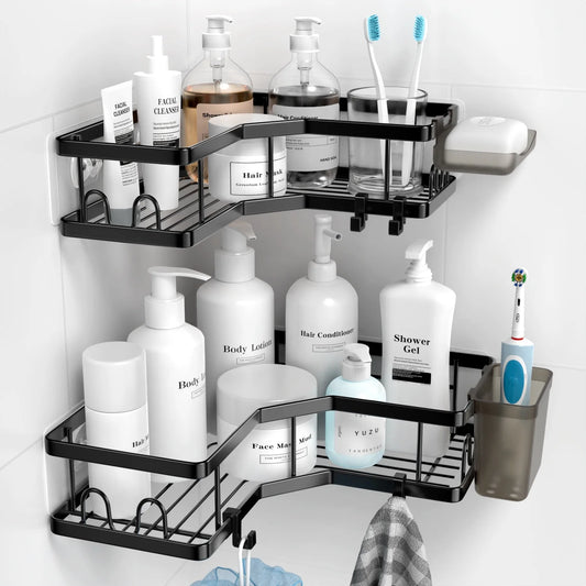 Corner Shower Caddy, 2 Pack Adhesive Shower Corner Organizer Shelves, Stainless Steel Shower Storage Rack with Hooks, Toothpaste&Soap Holder, No Drilling for Bathroom, Dorm and Kitchen-Black