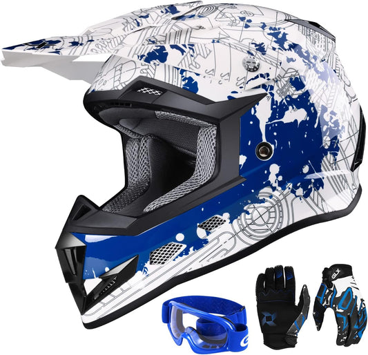 GX623 DOT Kids Youth ATV Off-Road Dirt Bike Motocross Motorcycle Full Face Helmet Combo Gloves Goggles for Boys & Girls (Modern, X-Large)