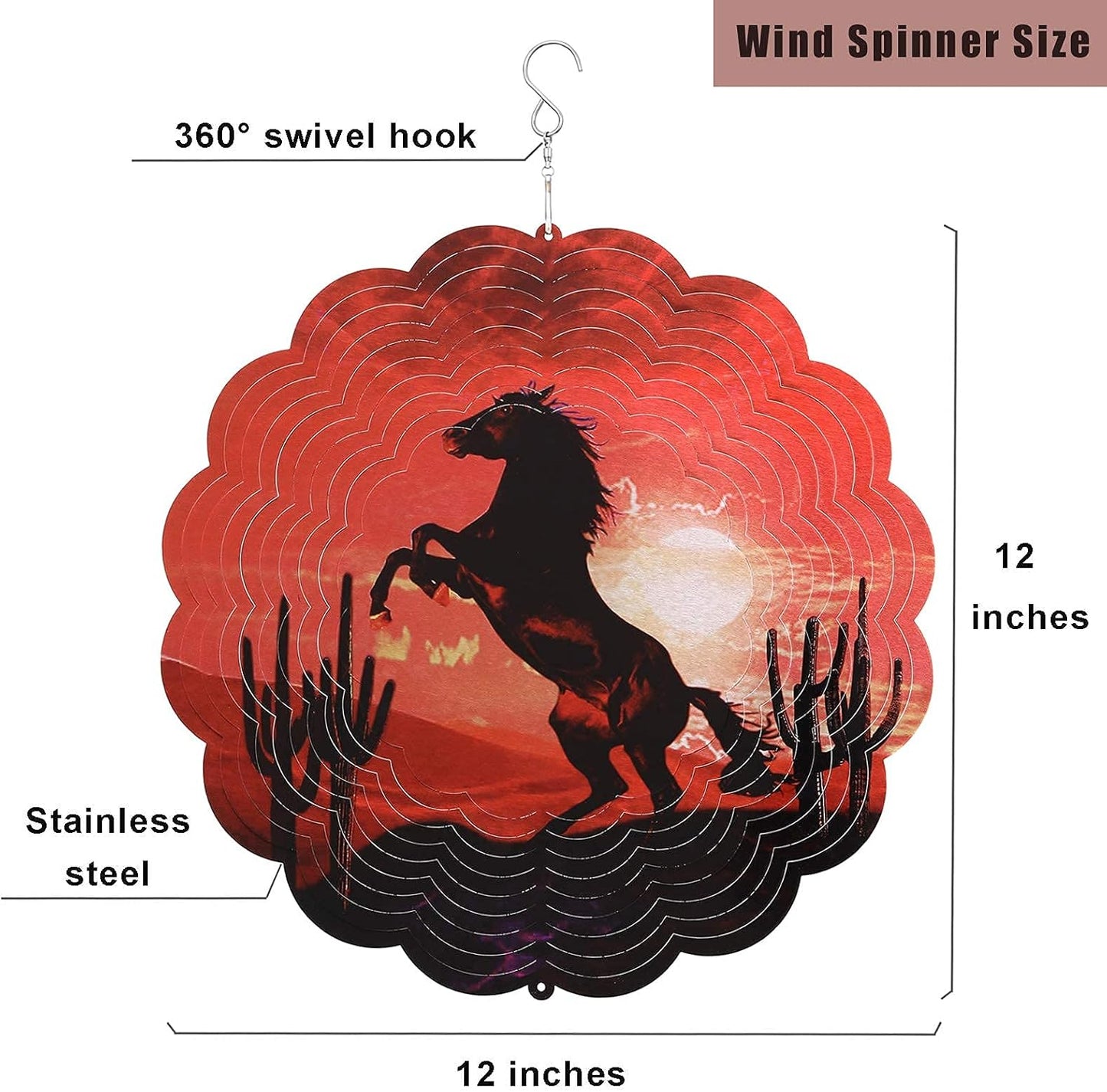 Wind Spinners Outdoor Metal Large,3D Horse Cactus Wind Spinner Hanging Decor,Kinetic Spinners for Yard Garden,12Inch Shiny Wind Spinner Art Ornament,Stainless Steel Red Wind Sculptures & Spinners