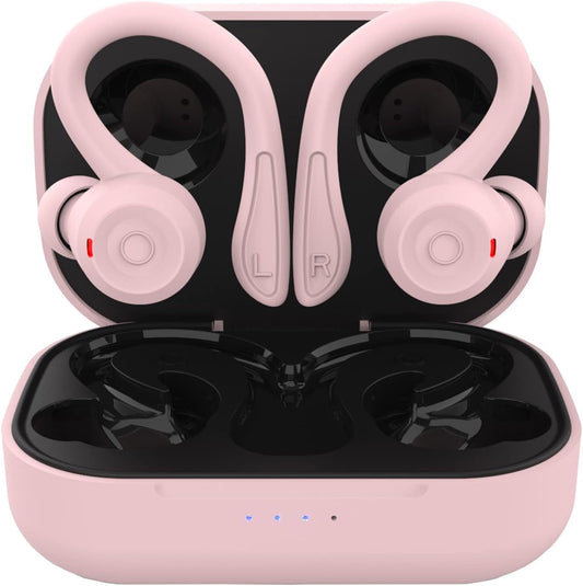 Pink over Ear Wireless Earbuds with Earhooks Running Bluetooth Earbuds with Ear Hook Waterproof Small Earphones in Ear Headphones Noise Cancelling Headset Android Ear Buds for Workout Sport Gym