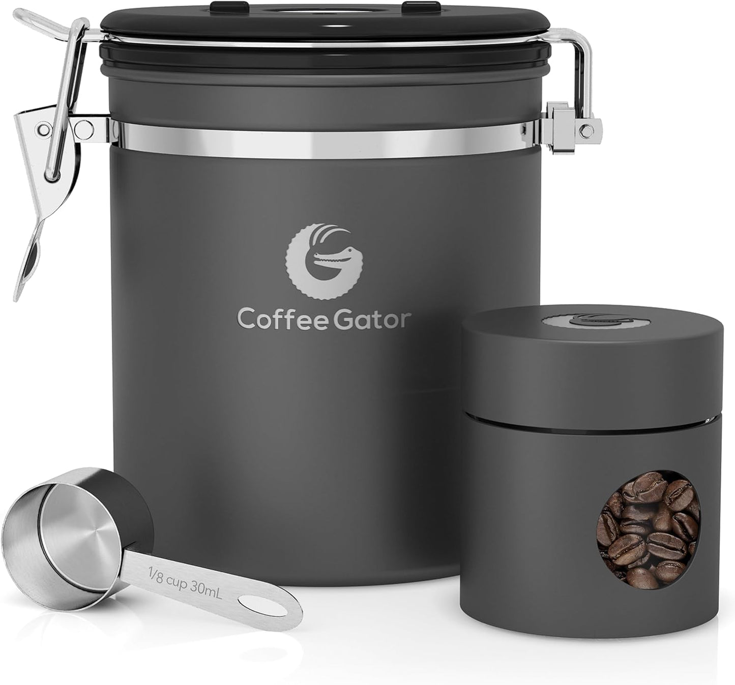 Premium Airtight Coffee Canister - 16oz Stainless Steel & 4oz Borosilicate Glass with Date Tracker & Scoop for Fresh Beans, Ground Coffee, Sugar, Tea, & Cookies
