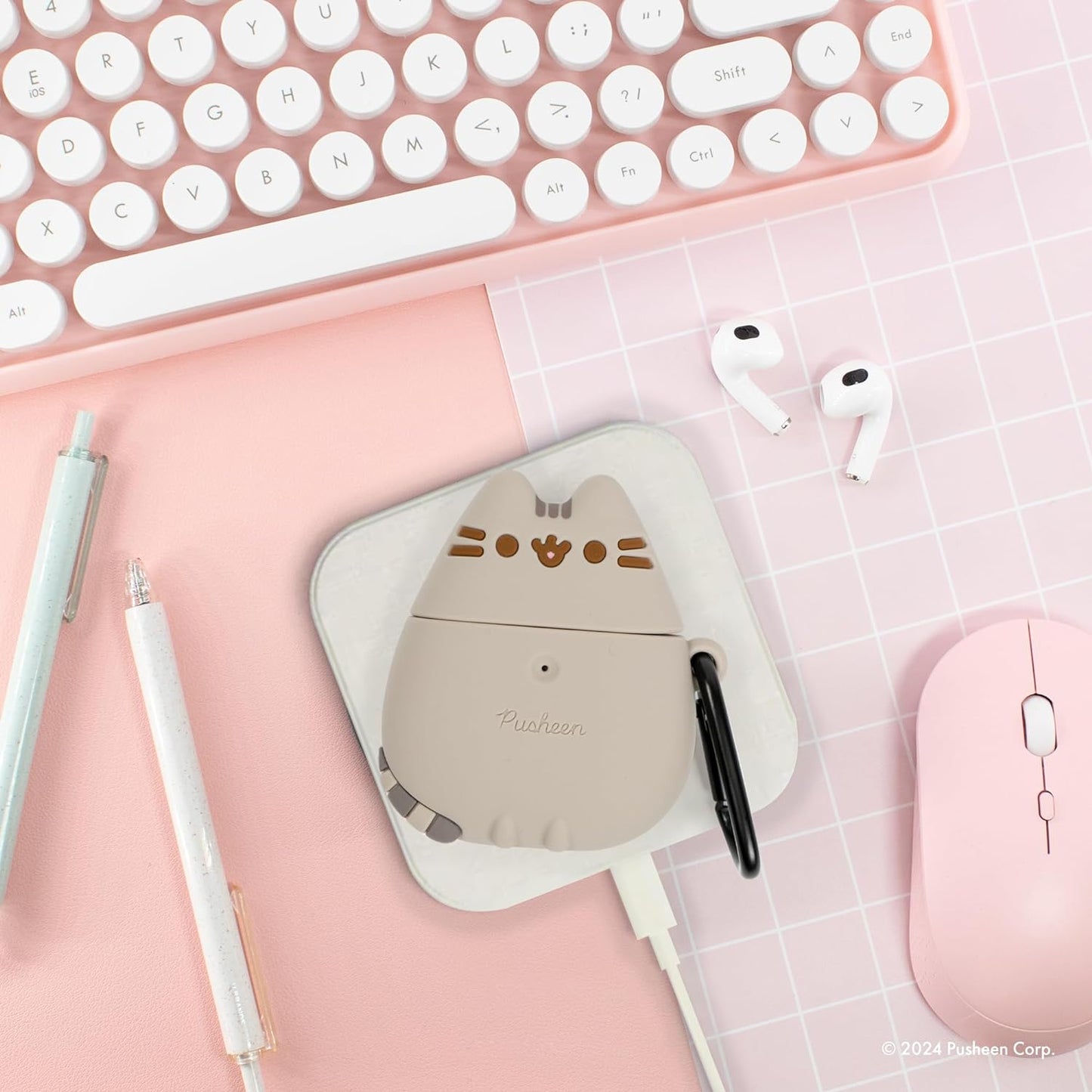 X Pusheen Cute Silicone Protective Cover Designed for Airpods 1/2 Case [Carabiner Clip Included] [Wireless Charging Compatible] - Standing