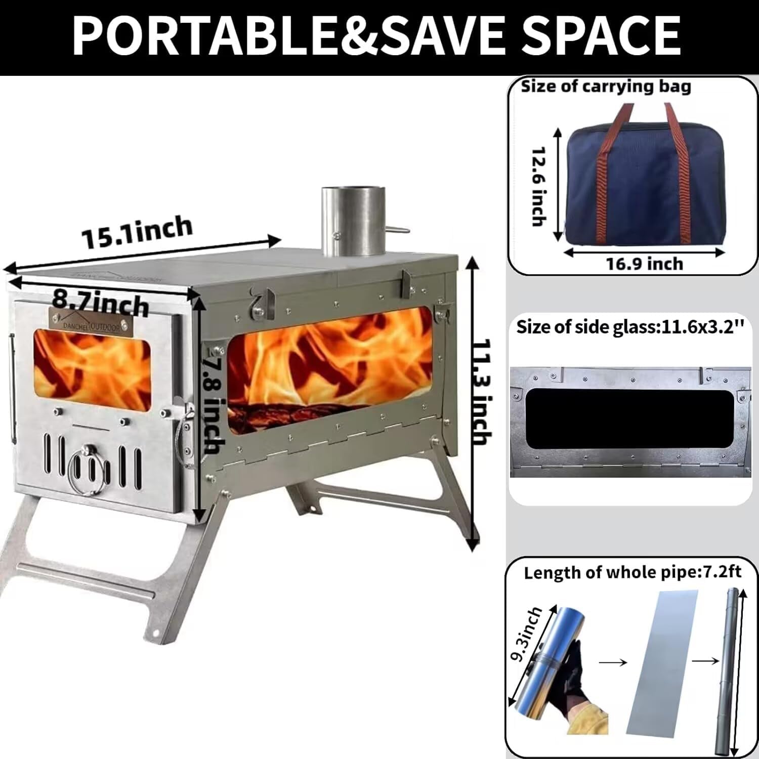TSG Folding 100% Titanium Hot Tent Stove TA1 with Side Glass, 7.2Ft Chimney, 6.63Lb