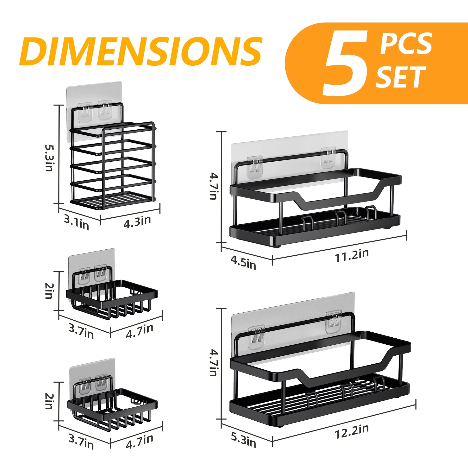 Shower Caddy Bathroom Organizer, 5 PCS Self-Adhesive Bathroom Shower Caddy Basket with Soap & Toothbrush Holder, No Drilling Wall Mounted Rustproof Stainless Steel Shower Shelf Black