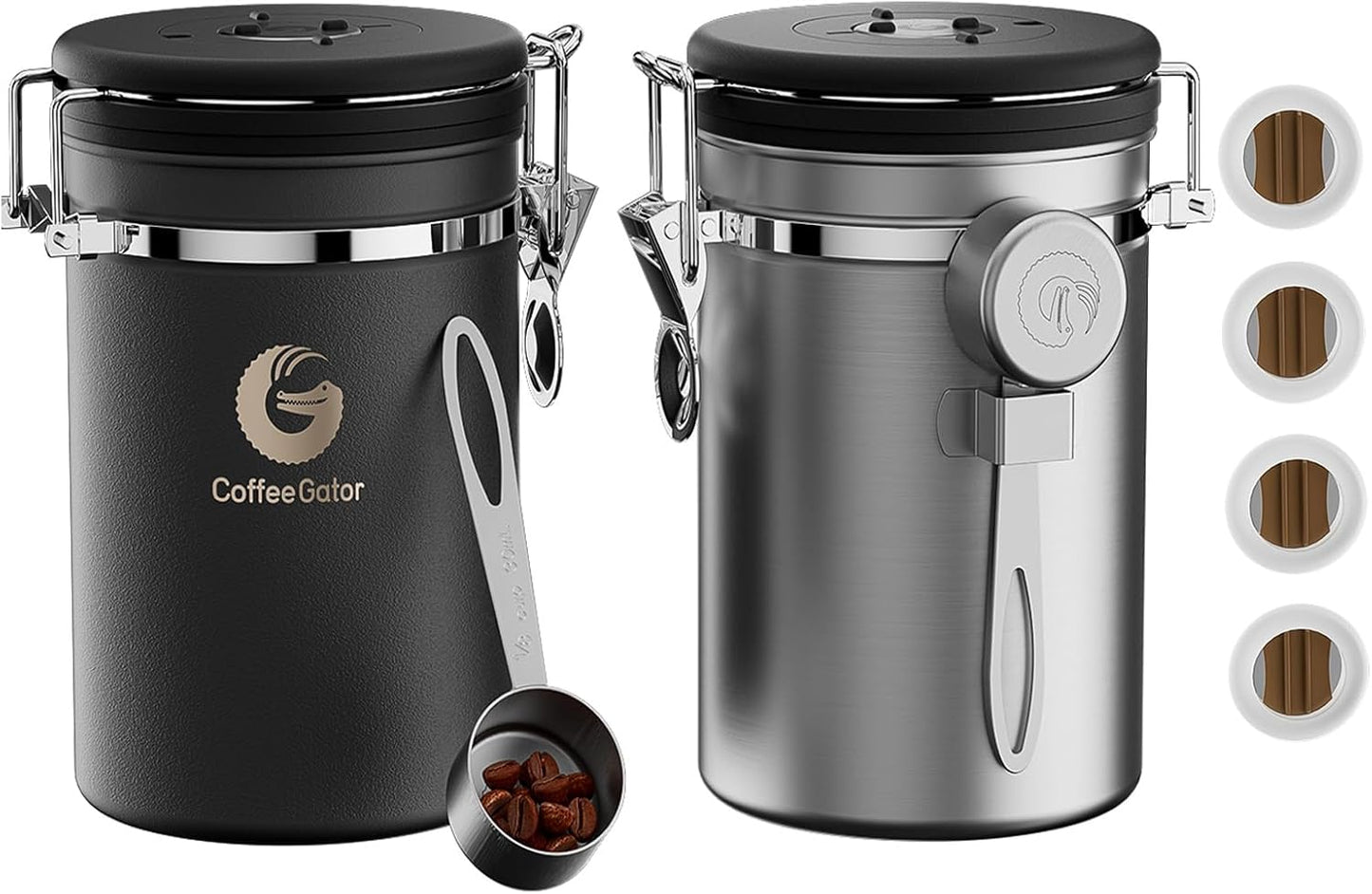 Premium Airtight Coffee Canister - 16oz Stainless Steel & 4oz Borosilicate Glass with Date Tracker & Scoop for Fresh Beans, Ground Coffee, Sugar, Tea, & Cookies