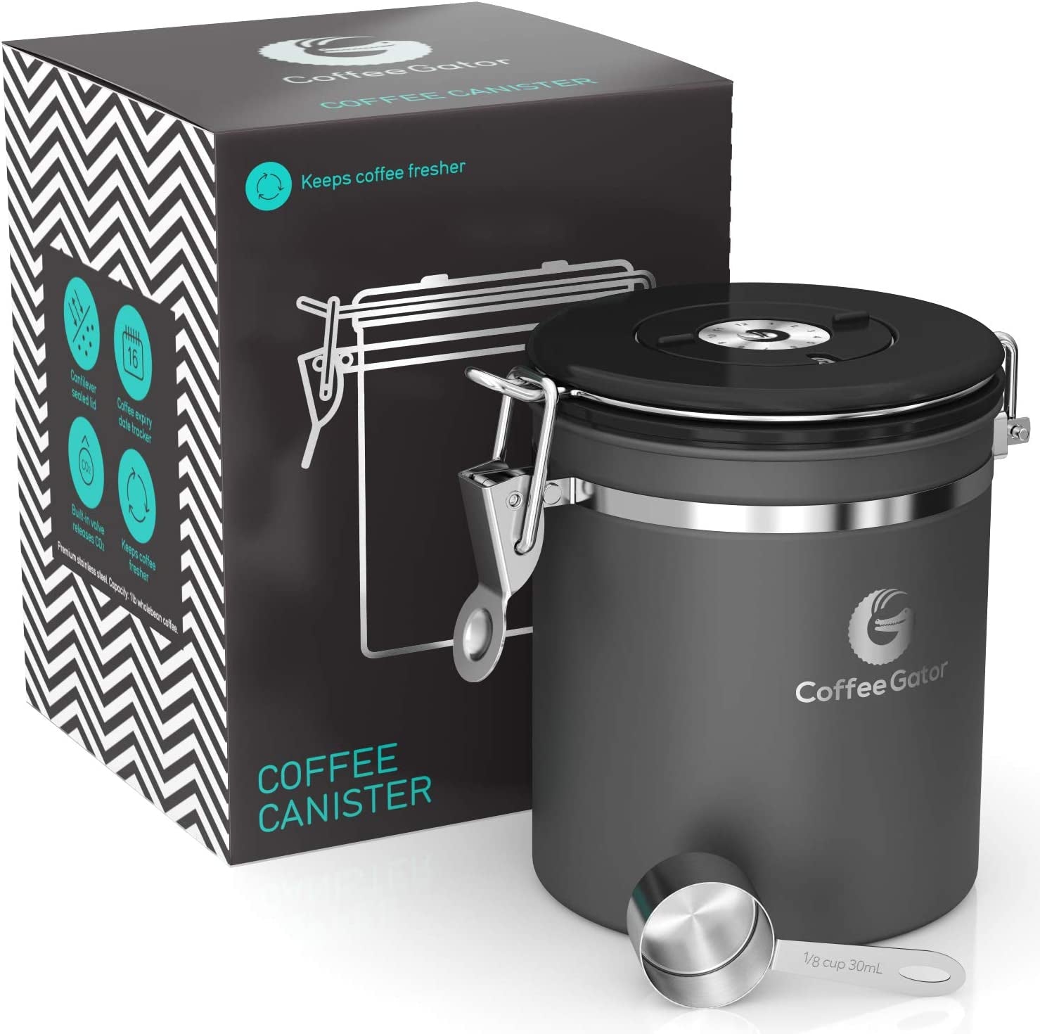 Premium Airtight Coffee Canister - 16oz Stainless Steel & 4oz Borosilicate Glass with Date Tracker & Scoop for Fresh Beans, Ground Coffee, Sugar, Tea, & Cookies