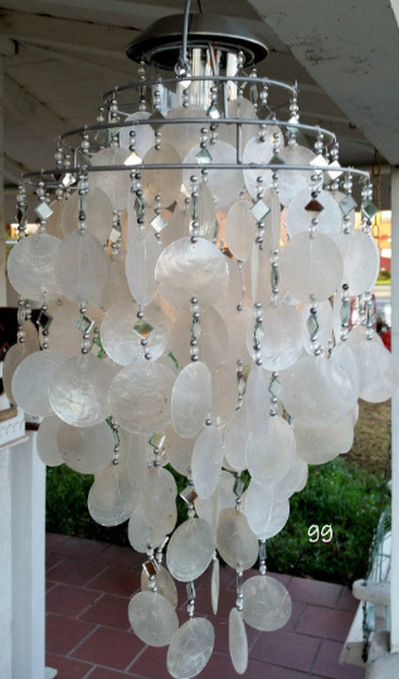 Elegant White Solar Capiz Shell Wind Chimes - Handcrafted 4-Tier Chandelier with Automatic Night Light