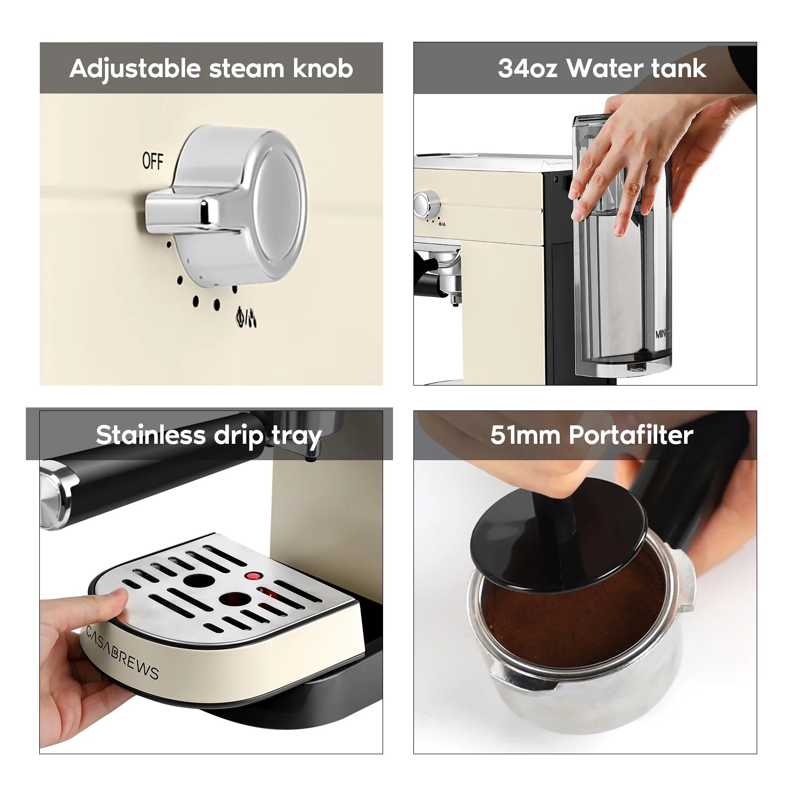 20 Bar Espresso Machine with Milk Frother and 34 Oz Water Tank, Stainless Steel, New, Beige