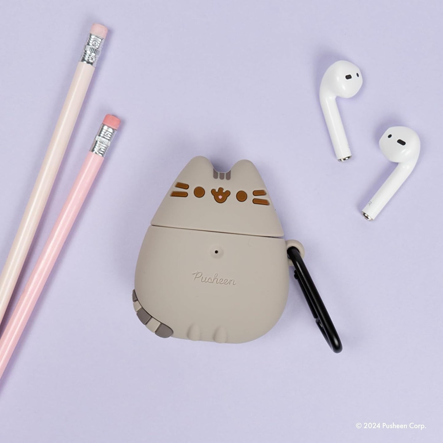 X Pusheen Cute Silicone Protective Cover Designed for Airpods 1/2 Case [Carabiner Clip Included] [Wireless Charging Compatible] - Standing