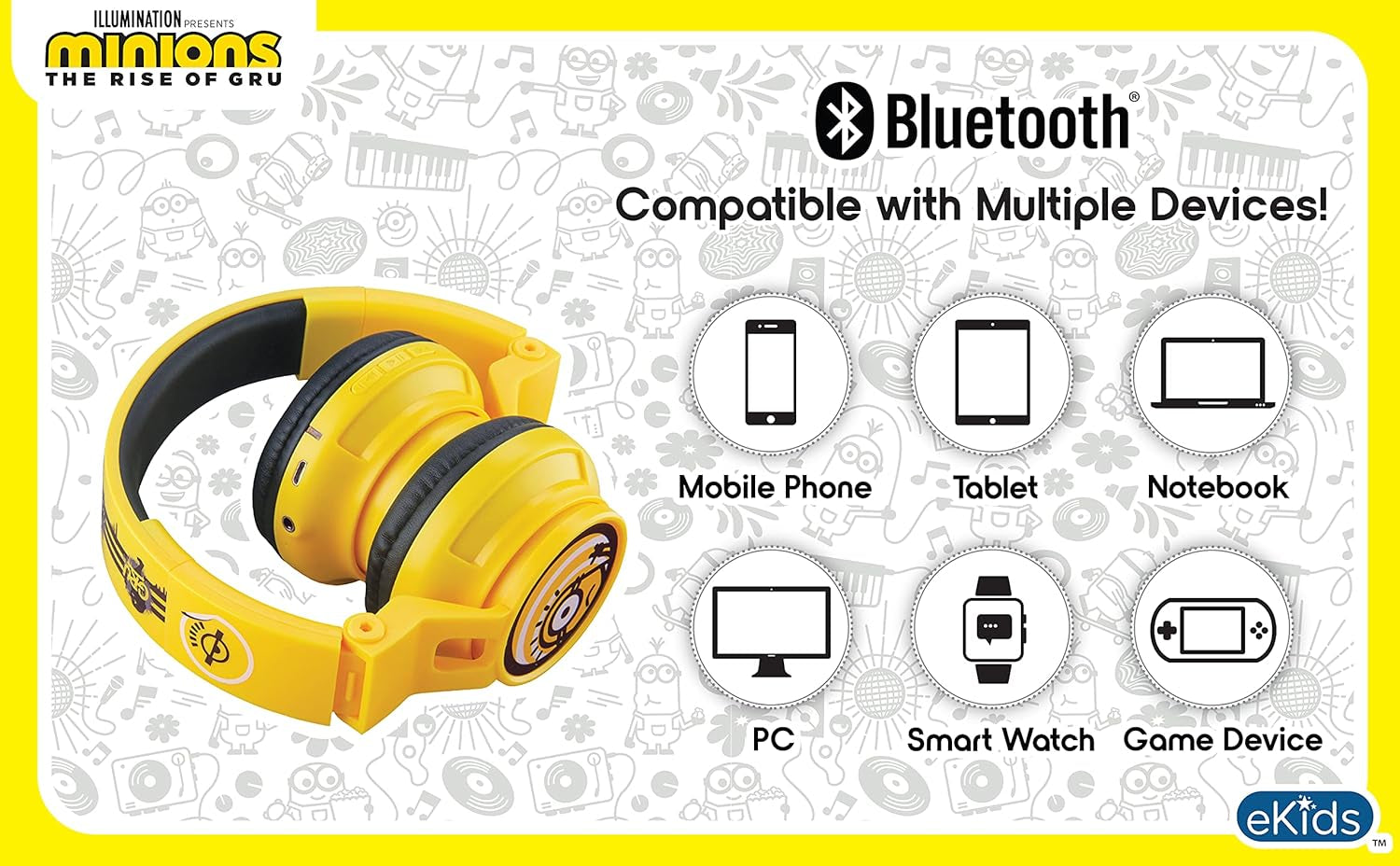 Minions Kids Bluetooth Headphones, Wireless Headphones with Microphone Includes Aux Cord, Volume Reduced Kids Foldable Headphones for School, Home, or Travel